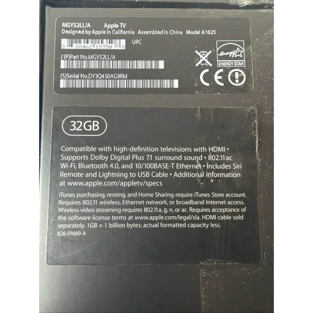 Apple TV A1625 MGY52LL/A HD 32GB Media Streamer 4th Generation